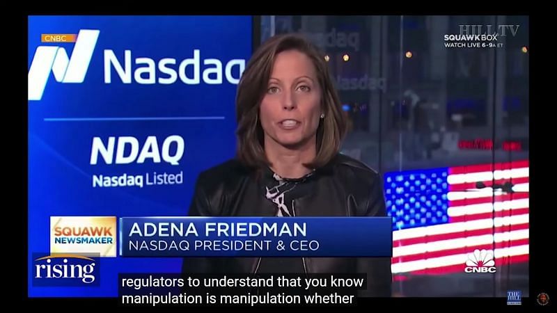 President and CEO of Nasdaq, Adena Friedman, talking about stock market manipulation (Image Via CNBC)