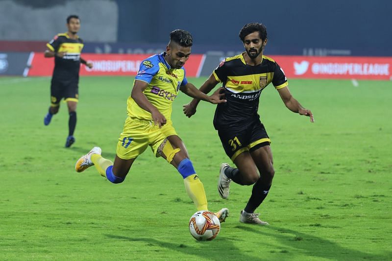 Kerala Blasters&#039; Rahul KP (L) in action against Hyderabad FC&#039;s Akash Mishra in their previous ISL clash (Image Courtesy: ISL Media)