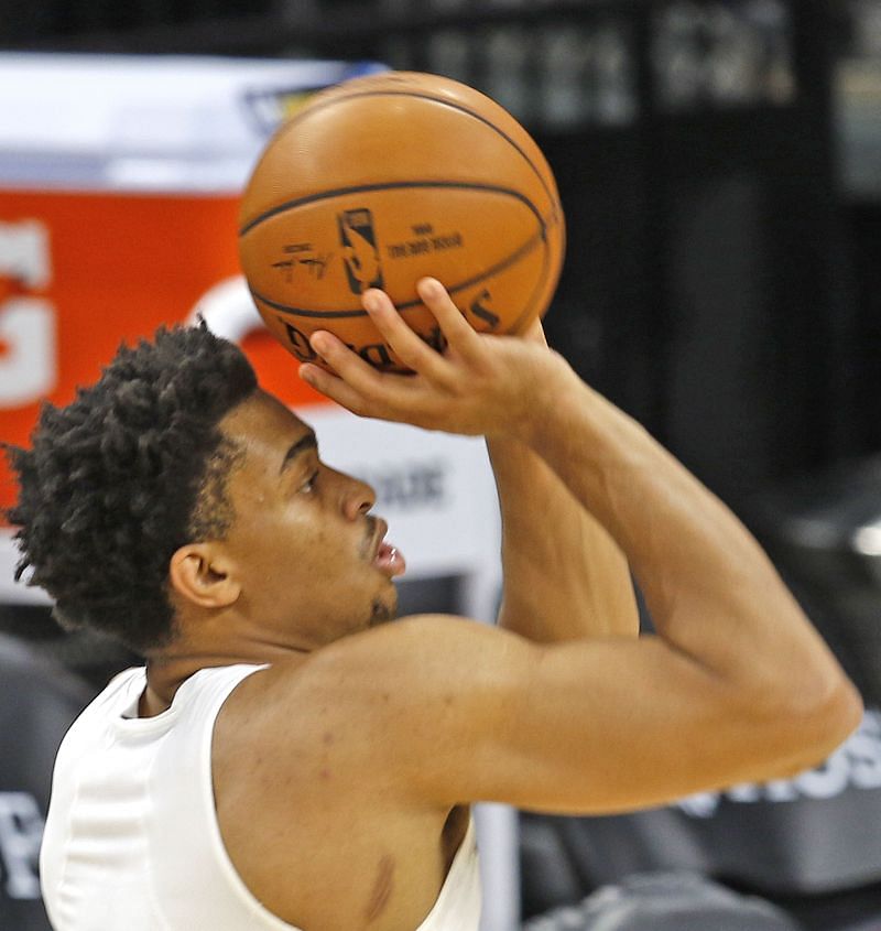 San Antonio Spurs&#039; Keldon Johnson warms up ahead of their NBA game against the Memphis Grizzlies