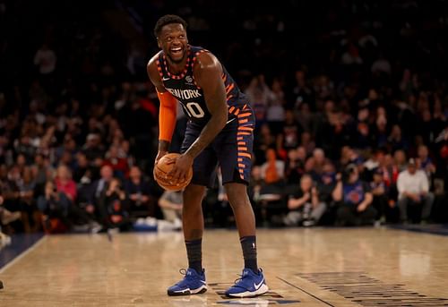 Julius Randle of the New York Knicks smiles in the final minute of the game against the Chicago Bulls at Madison Square Garden