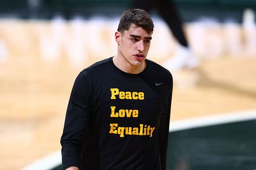 : Luka Garza #55 of the Iowa Hawkeyes during warm-ups