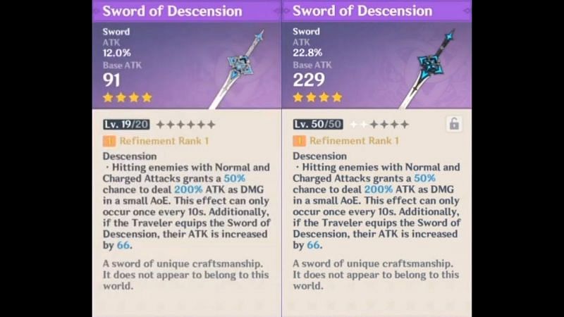 The appearance of the Sword of Descension in Genshin Impact before and after the ascension (Image via Genshin Armory)