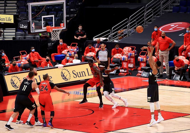 Giannis Antetokounmpo #34 of the Milwaukee Bucks shoots a free throw during a game against the Toronto Raptors at Amalie Arena on January 27, 2021