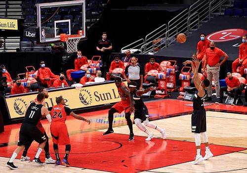 Giannis Antetokounmpo #34 of the Milwaukee Bucks shoots a free throw during a game against the Toronto Raptors at Amalie Arena on January 27, 2021