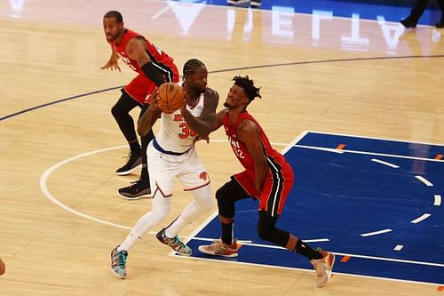 Jimmy Butler of the Miami Heat guards Julius Randle of the New York Knicks at Madison Square Garden on February 07, 2021 in New York City. (Photo by Mike Stobe/Getty Images)