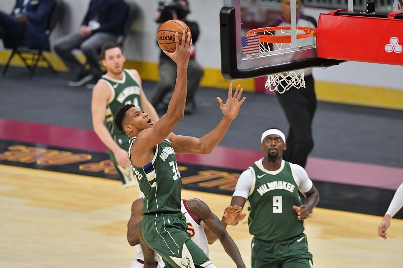 Giannis Antetokounmpo of the Milwaukee Bucks drives to the basket.