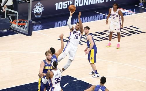 Philadelphia 76ers Tobias Harris shoots against Indiana