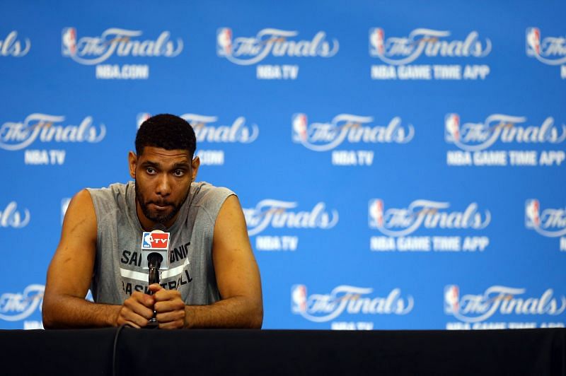 Tim Duncan #21 of the San Antonio Spurs speaks to the media on an off day following Game Four of the 2014 NBA Finals.