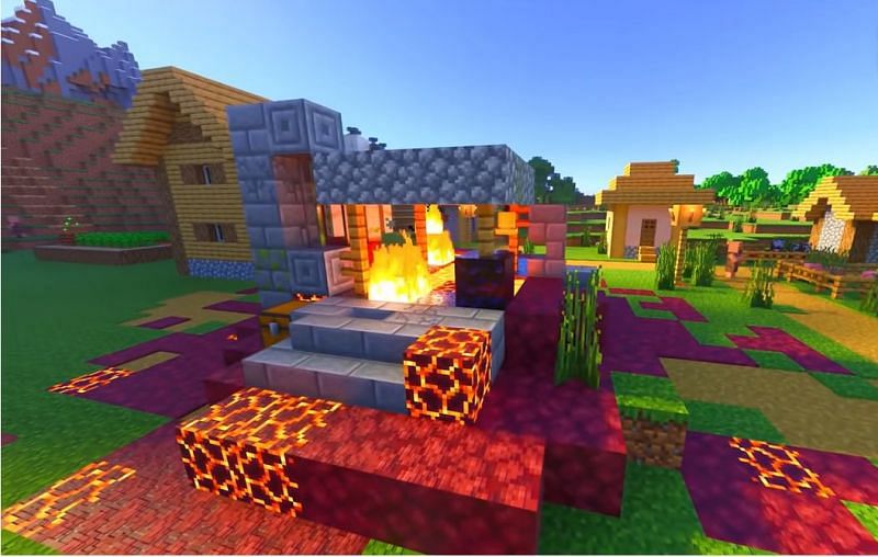 A ruined portal that spawned right in the center of the bell in a Minecraft village (Image via Minecraft &amp; Chill / YouTube)