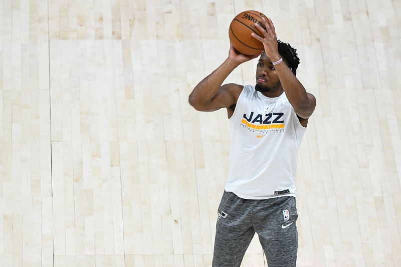 Donovan Mitchell of the Utah Jazz warms up before a game against the New Orleans Pelicans