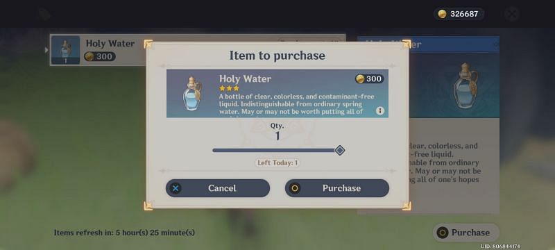 Purchasing Holy Water for 300 Mora