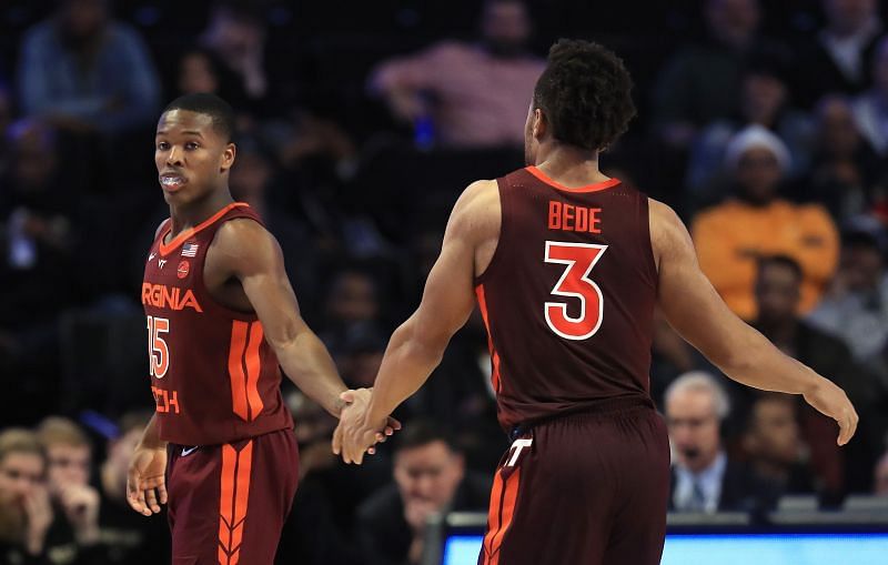 Jalen Cone #15 and Wabissa Bede #3 of the Virginia Tech Hokies