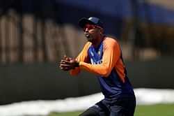 Hardik Pandya bowls during practice ahead of third day’s play
