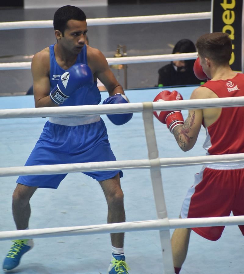 Deepak Kumar in action during the ongoing Strandja Memorial boxing tournament