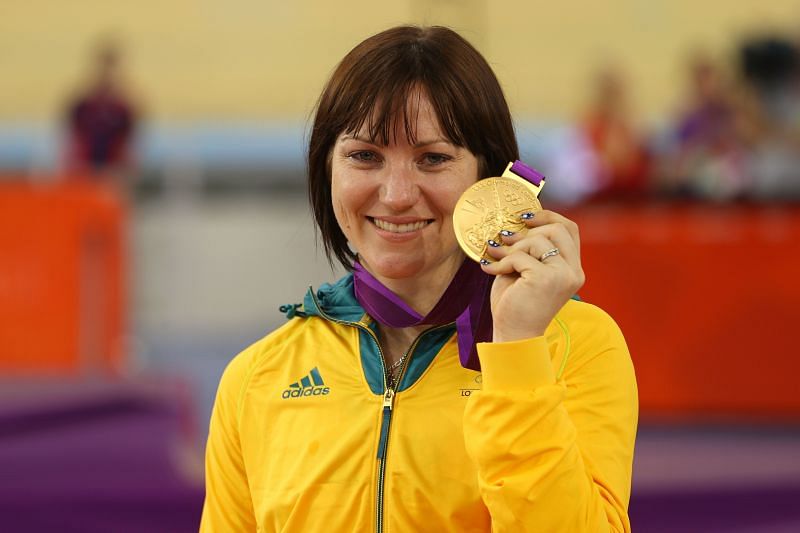 : Gold medallist Anna Meares of Australia celebrates during the medal ceremony for the Women&#039;s Sprint Track Cycling Final on Day 11 of the London 2012 Olympic Games
