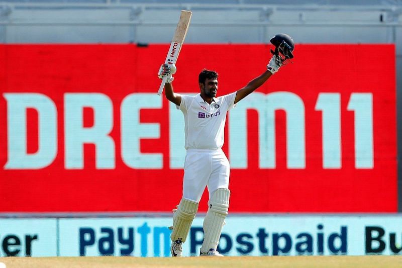 Ravichandran Ashwin celebrates after scoring his fifth Test hundred.