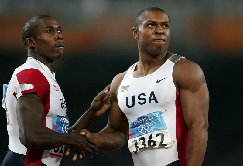 Bernard Williams of USA (R) and Shawn Crawford of USA celebrate after Crawford won gold and Williams won silver in the men&#039;s 200 metre final during the Athens 2004 Summer Olympic Games