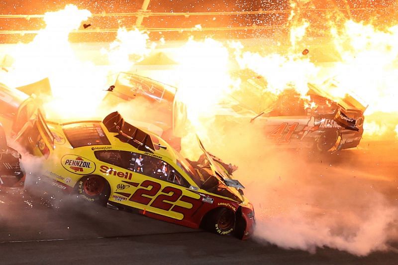 Joey Logano and others were involved in a fiery crash on the last lap of the Daytona 500. Photo/Getty Images