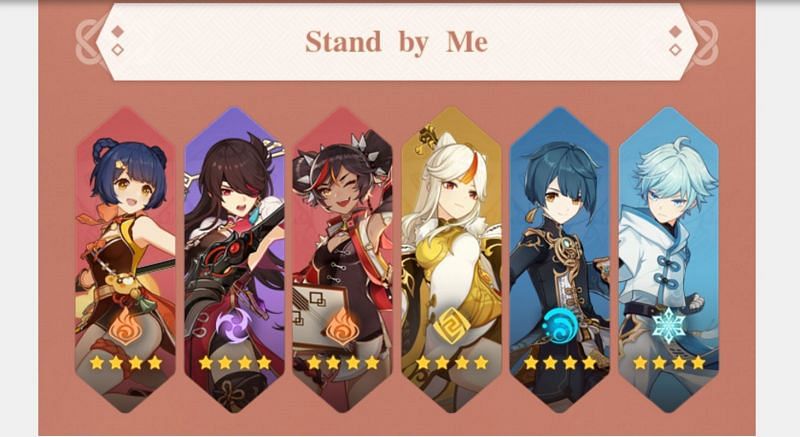 6 redeemable characters in the &quot;Stand By Me&quot; event (Image via MihoYo)