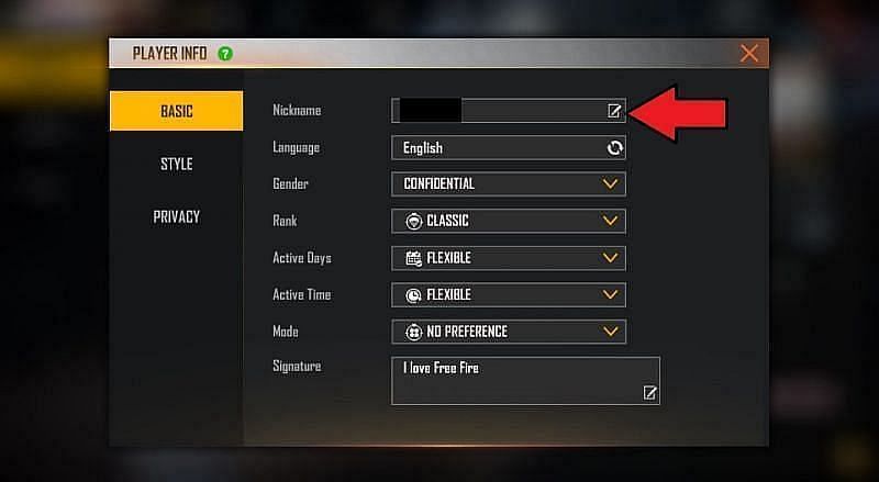 The icon next to the current nickname needs to be pressed. (Image via Free Fire)