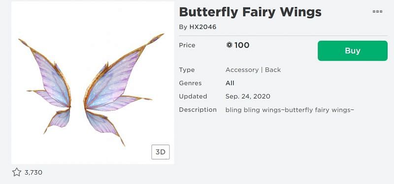 The Butterfly Fairy Wings back accessory from the Roblox Avatar Shop (Image via Roblox.com)
