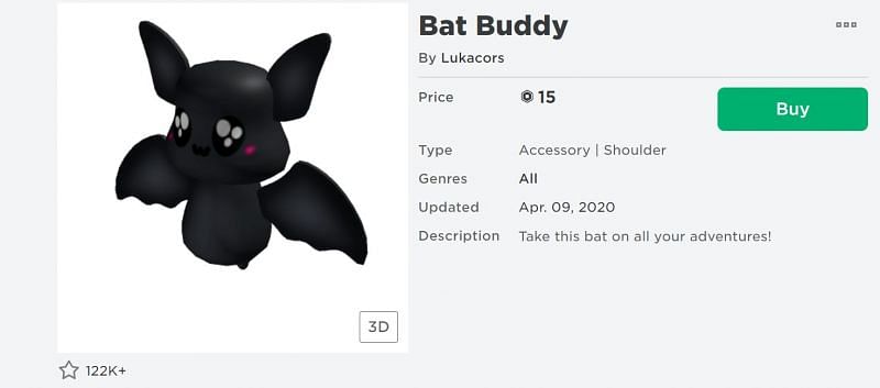 The Bat Buddy shoulder accessory on the Roblox Avatar Shop (Image via Roblox.com)