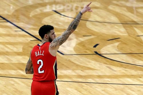 Lonzo Ball of the New Orleans Pelicans reacts after scoring a three pointer against the Memphis Grizzlies 