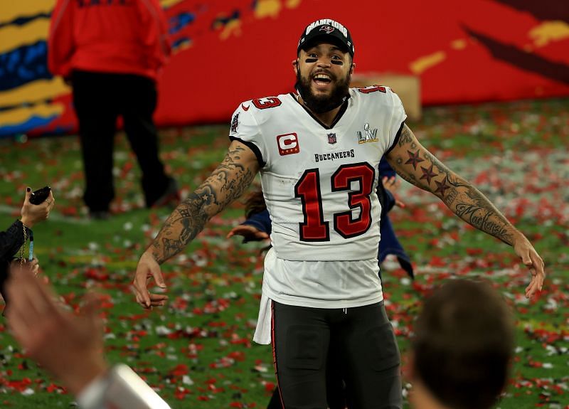 Super Bowl LV Champion Mike Evans celebrates after winning his first Super Bowl Championship