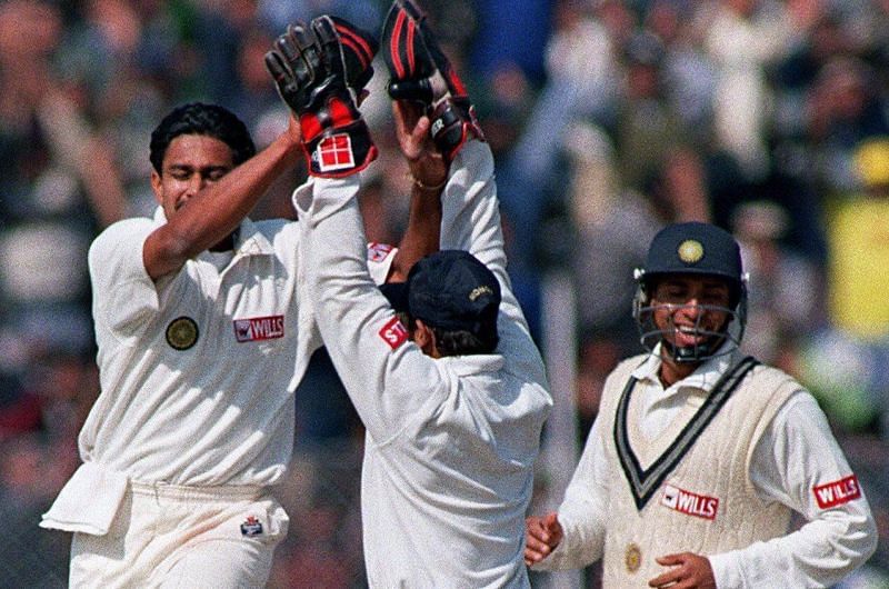 Anil Kumble celebrates another wicket en route to his perfect ten (Photo: ICC)