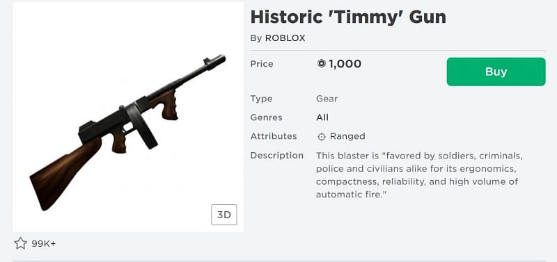 The Historic &#039;Timmy&quot; Gun gear piece from the Roblox Avatar Shop. (Image via Roblox.com)