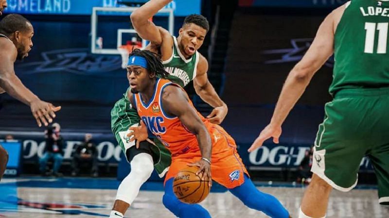 Antetokounmpo tries to prevent Dort from drivin [Image: NBA.com]