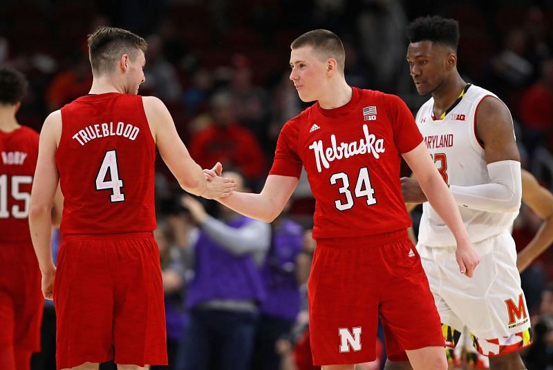 Johnny Trueblood #4 and Thorir Thorbjarnarson #34 of the Nebraska Cornhuskers