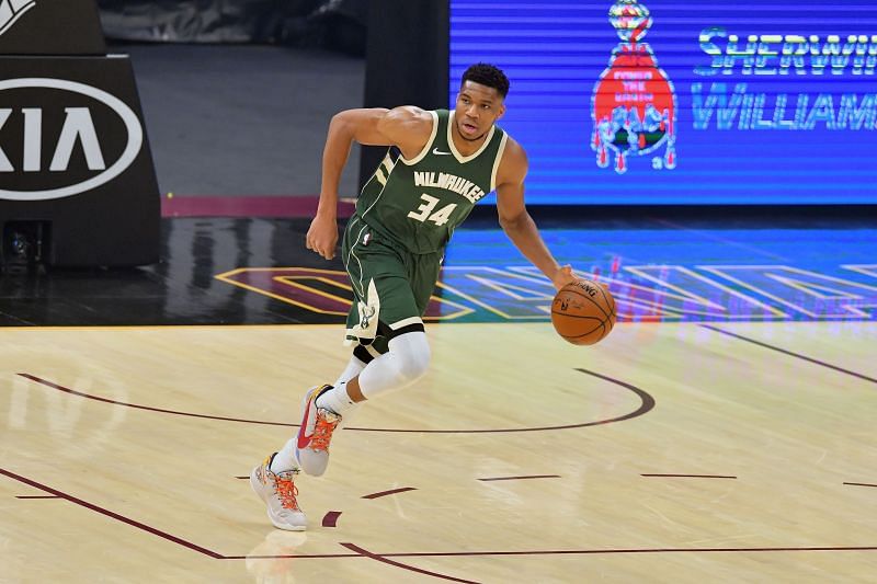 Giannis Antetokounmpo #34 of the Milwaukee Bucks brings the ball up court during the first half against the Cleveland Cavaliers at Rocket Mortgage Fieldhouse on February 06, 2021