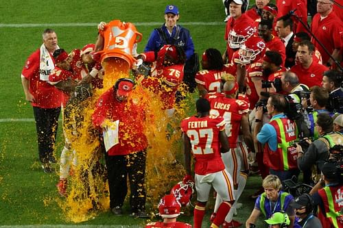 Andy Reid receives a Gatorade bath after Super Bowl LIV victory