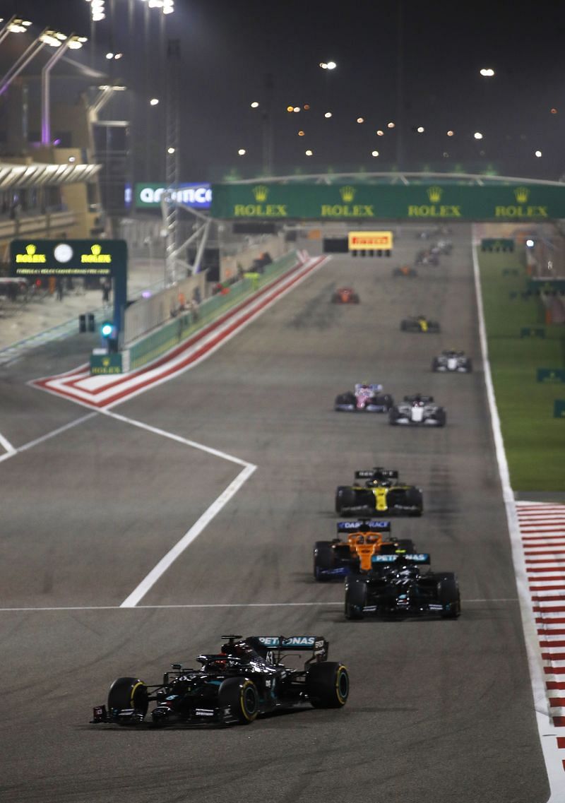 George Russell (Car 63) leads the field at the 2020 Sakhir Grand Prix