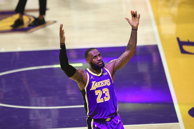 LeBron James of the Los Angeles Lakers celebrates his basket at the end of the third quarter against the Memphis Grizzlies.