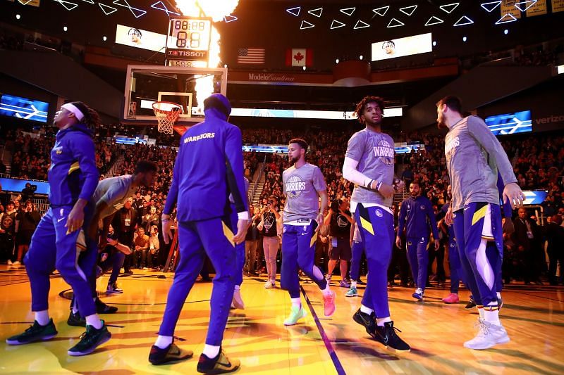 Stephen Curry #30 of the Golden State Warriors walks on to the floor for player introductions