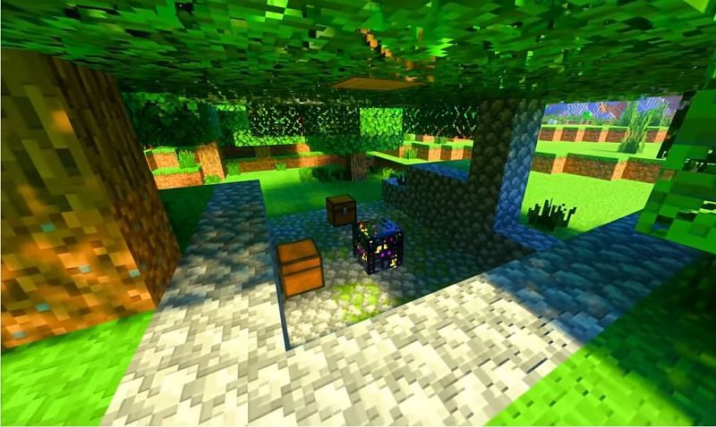 A fully-exposed spawner on the surface of the Overworld in Minecraft (Image via Minecraft &amp; Chill / YouTube)