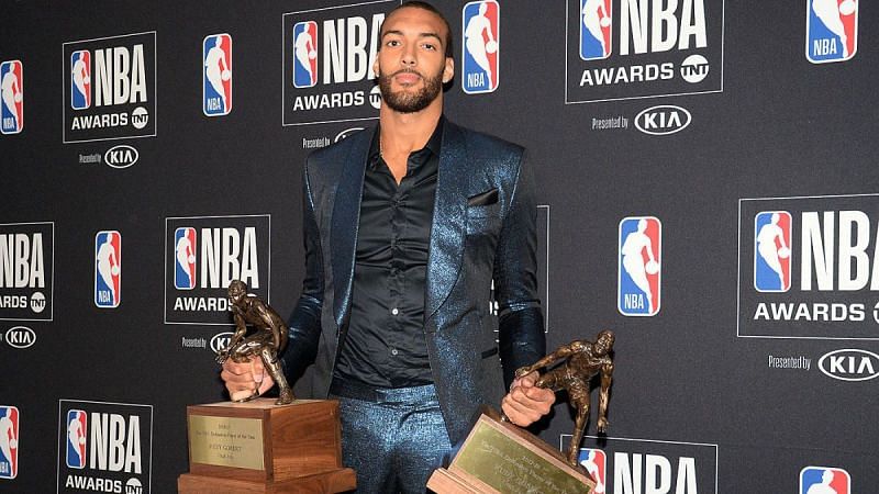 Rudy Gobert with his trophies at the NBA 2018-19 Awards