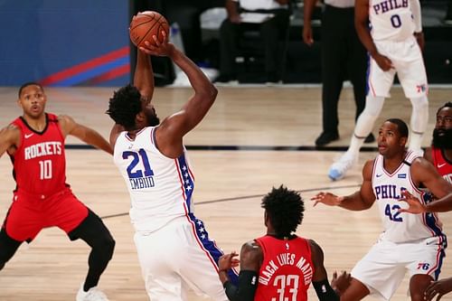 Joel Embiid #21 of the Philadelphia 76ers shoots the ball against the Houston Rockets