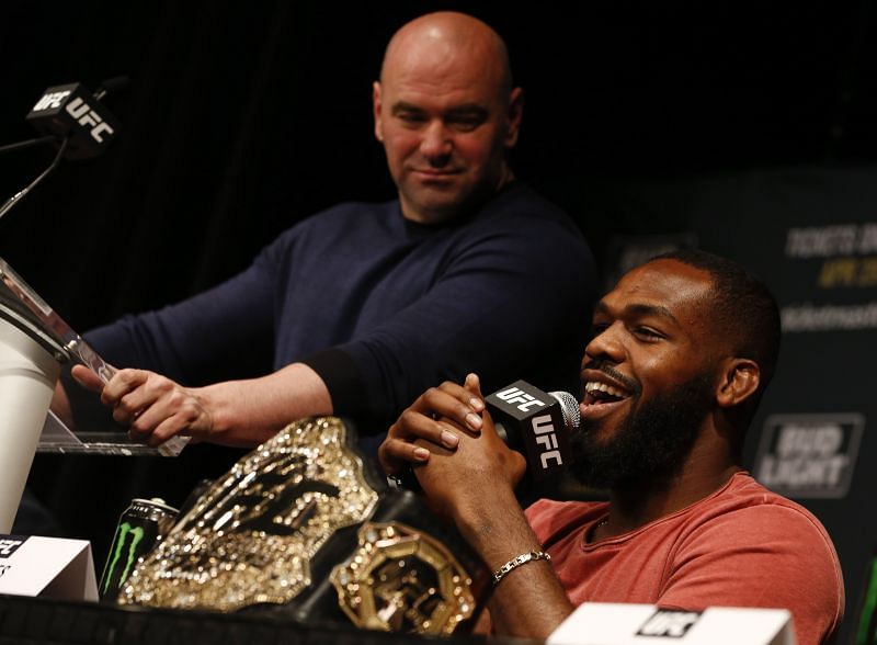 UFC president Dana White looks at Jon Jones during a press event in New York