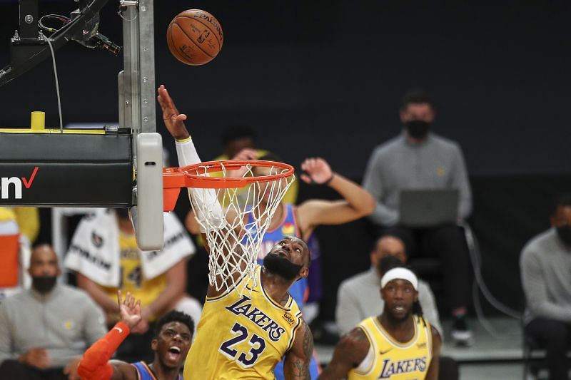 LeBron James #23 of the Los Angeles Lakers blocks a shot by Hamidou Diallo #6 of the Oklahoma City Thunder at Staples Center on February 08, 2021 (Photo by Meg Oliphant/Getty Images)