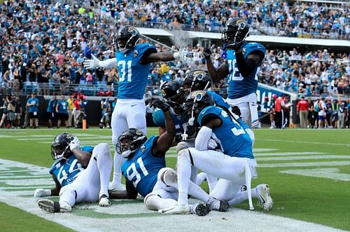 Jacksonville Jaguars defense celebrates a turnover