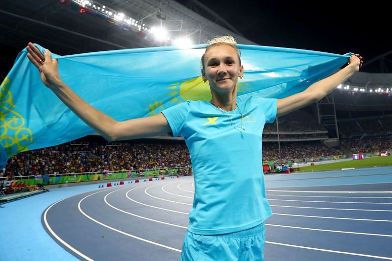 Olga Rypakova celebrates winning bronze in the Women&#039;s Triple Jump final at the Rio 2016 Olympic Games