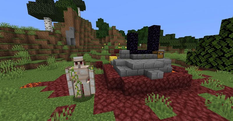 An Iron Golem near a Ruined Portal in Minecraft (Image via Minecraft)