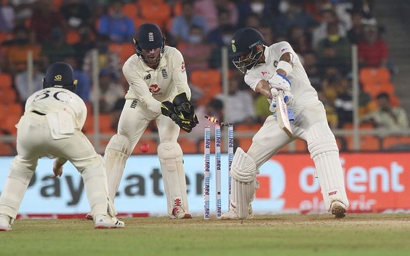 Virat Kohli was cleaned up by Jack Leach in the final hour of the day&#039;s play (Image courtesy: BCCI)