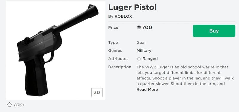 The Luger Pistol gear piece from the Roblox Avatar Shop. (Image via Roblox.com)