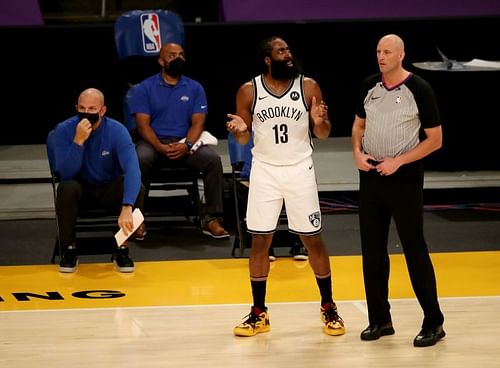 James Harden #13 of the Brooklyn Nets reacts to a play during the first quarter against the Los Angeles Lakers at Staples Center on February 18, 2021 in Los Angeles, California. (Photo by Katelyn Mulcahy/Getty Images)