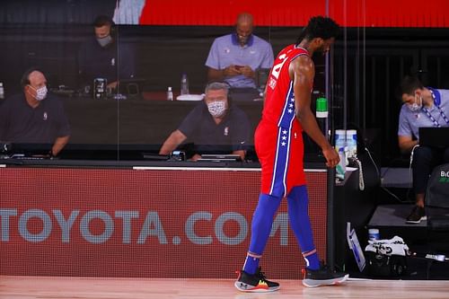 Joel Embiid #21 of the Philadelphia 76ers leaves the floor against the Portland Trail Blazers 