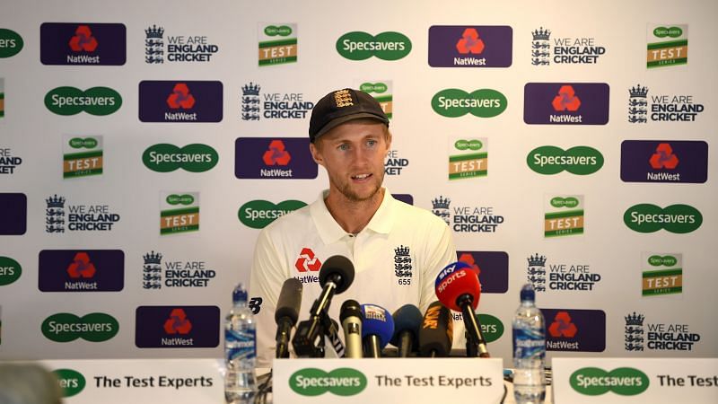 England skipper Joe Root speaking to the media